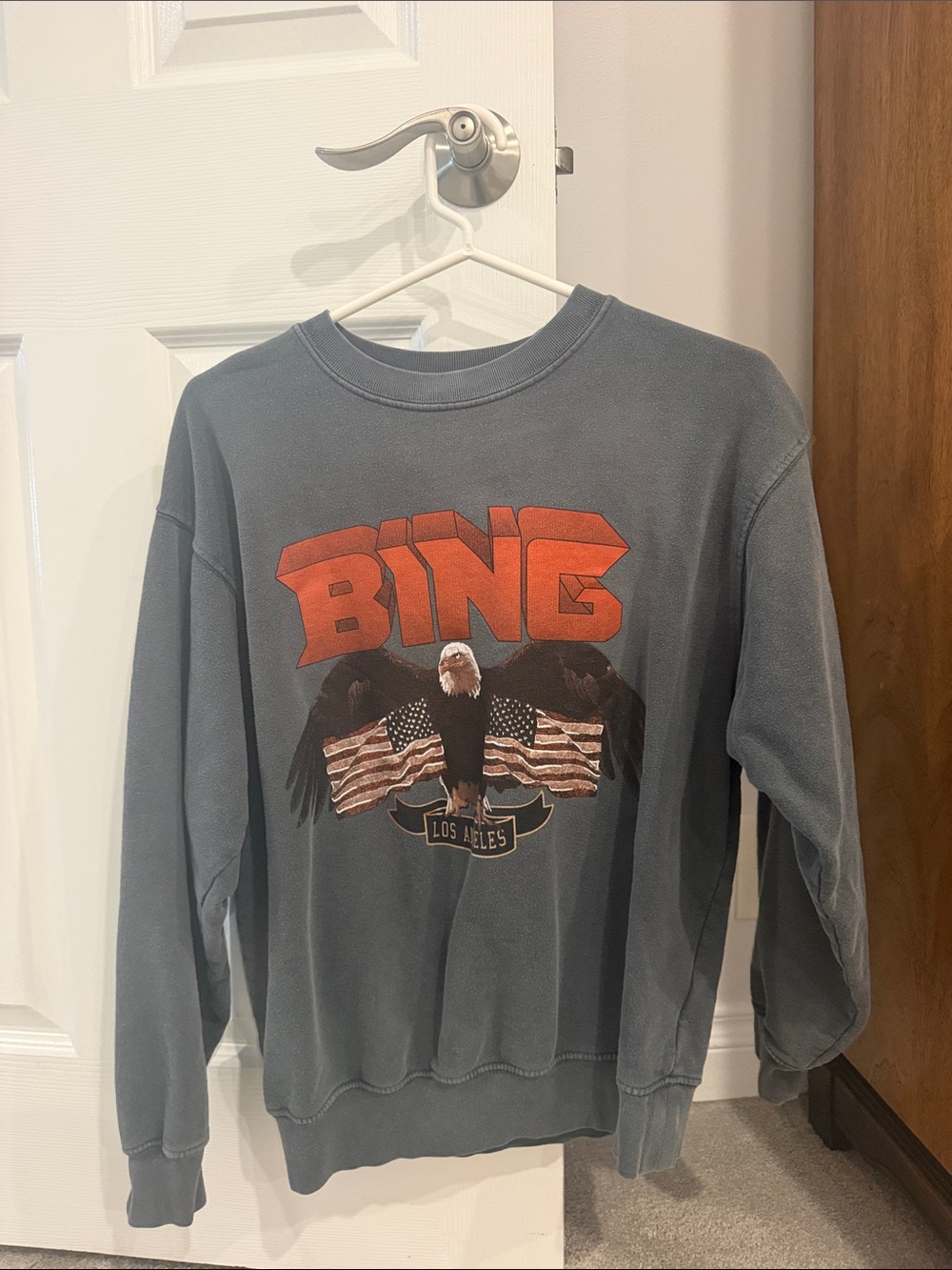 Anine Bing Slate Blue Crewneck with Red Graphic Eagle